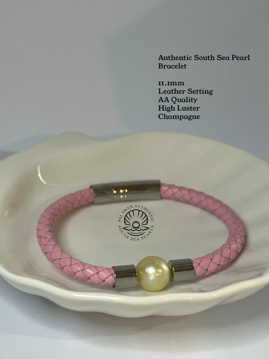 11.1mm Palawan Authentic Champagne Color South Sea Pearl Bracelet in Leather Settings