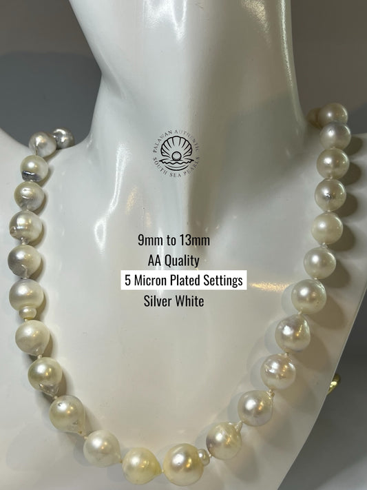 9 to 13mm Palawan Authentic Silver White Color South Sea Pearl Choker in 5 Micron Lock Settings