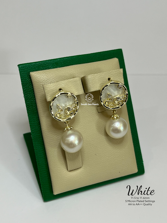 10.5 to 11.6mm Palawan Authentic White Color South Sea Pearl Earrings in 5 Micron Plated Settings