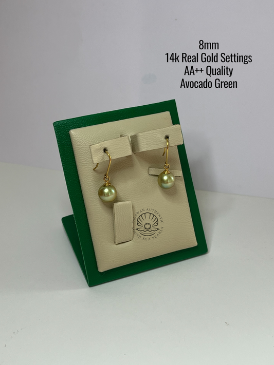 8mm Palawan Authentic Avocado Green Color South Sea Pearl in 14k Real Gold Settings