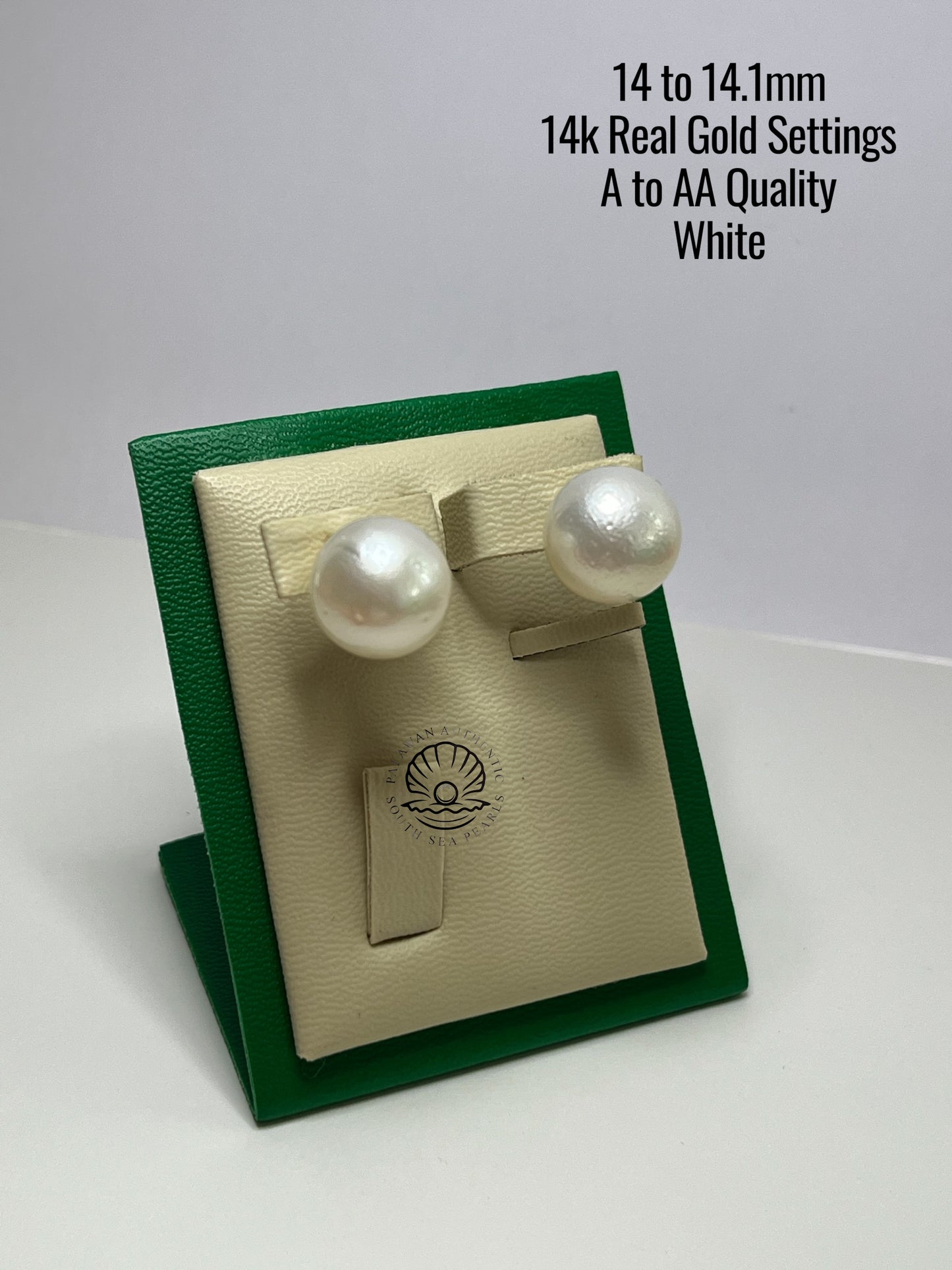 14 to 14.1mm Palawan Authentic White Color South Sea Pearl Earrings in 14k Real Gold Settings
