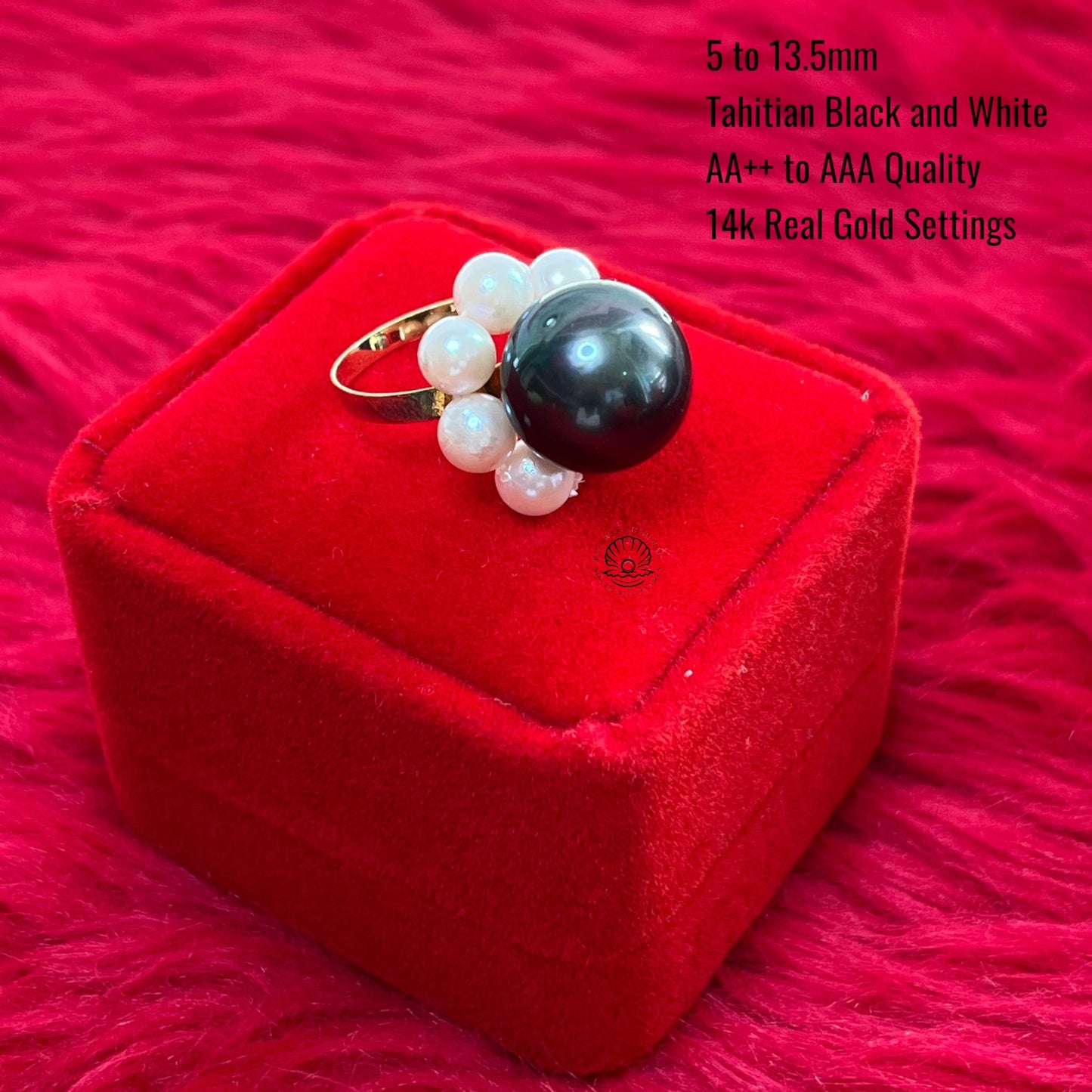 5 to 13.5mm Palawan Authentic Tahitian Black and White Color South Sea Pearl Ring in 14k Real Gold Settings
