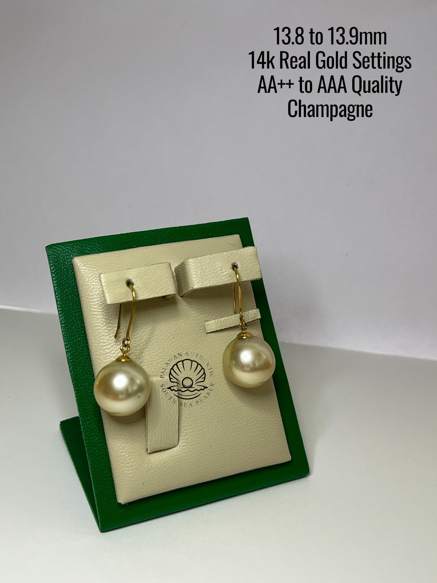 13.8 to 13.9mm Palawan Authentic Champagne  Color South Sea Pearl Earrings in 14k Real Gold Settings