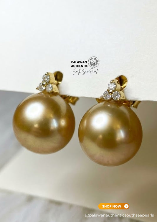 13mm to 13.5mm Palawan Authentic Champagne Color South Sea Pearl in 14k Real Gold and Diamonds