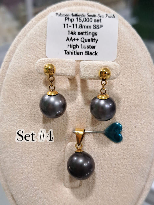 11mm - 11.8mm Authentic Tahitian Black South Sea Pearls Set in 14K Gold