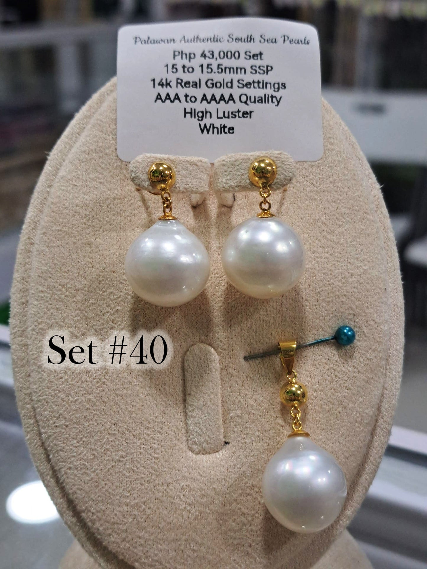 15mm to 15.5mm Authentic South Sea Pearls White Color Set in 14K Gold