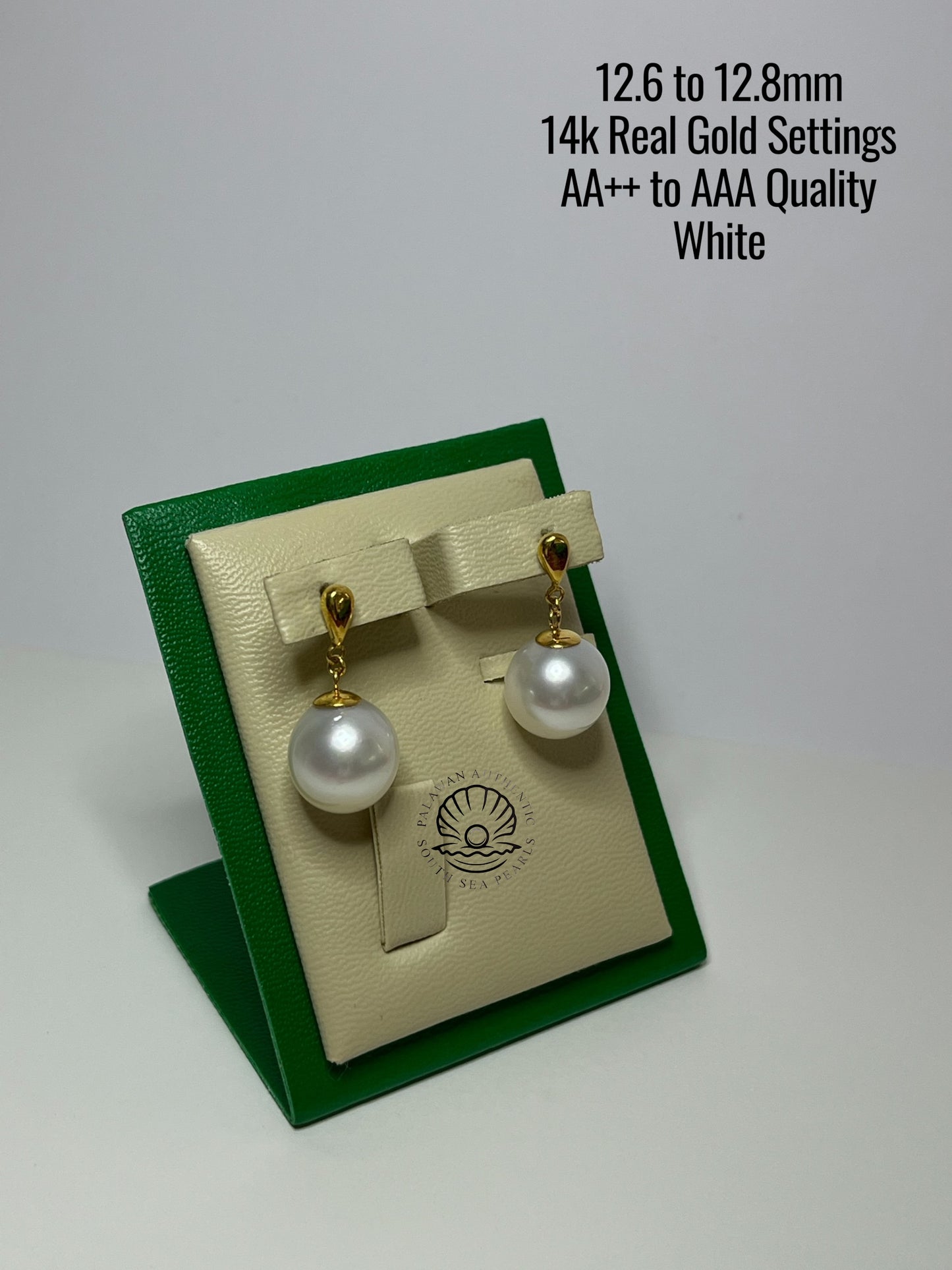 12.6 to 12.8mm Palawan Authentic White Color South Sea Pearl Earrings in 14k Real Gold Settings