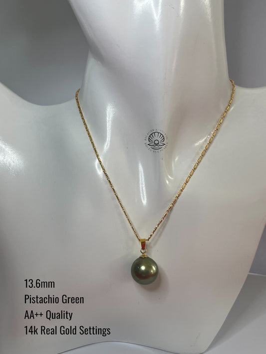 13.6mm Palawan Authentic Pistachio Green Color South Sea Pearl Pendant in 14k Real Gold Settings