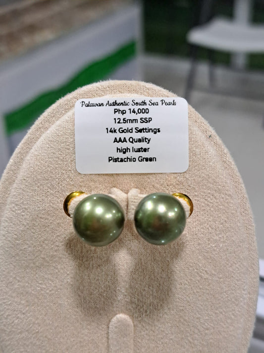 12.5mm Pistachio Green South Sea Pearls Earrings in 14K Gold