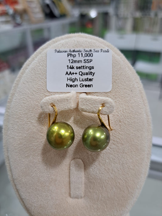 12mm Neon Green South Sea Pearls Earrings in 14K Gold