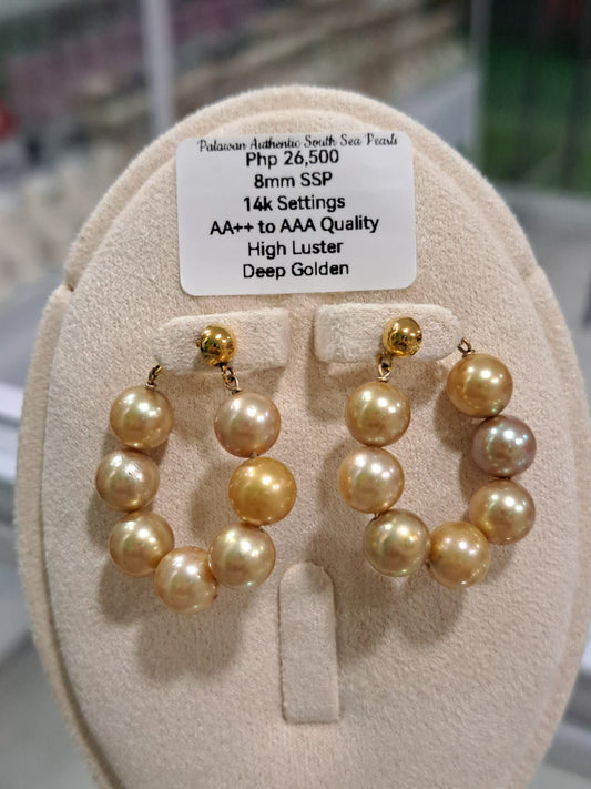 8mm Deep Golden South Sea Pearls Earrings in 14K Gold