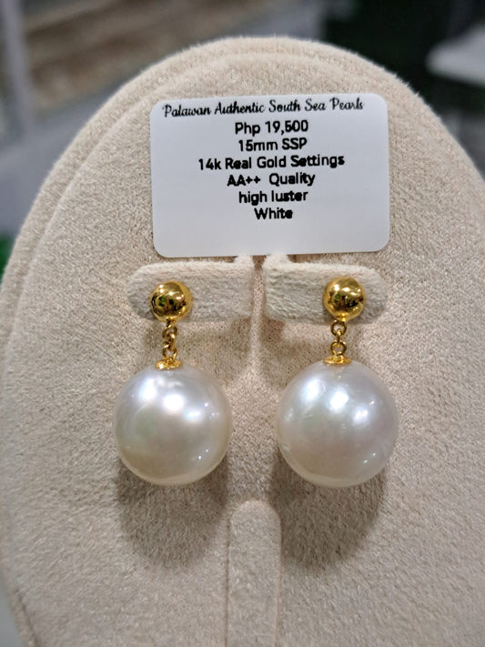 15mm White South Sea Pearls Earrings in 14K Gold