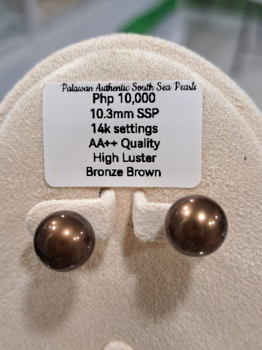 10.3mm Bronze Brown South Sea Pearls Earrings in 14K Gold
