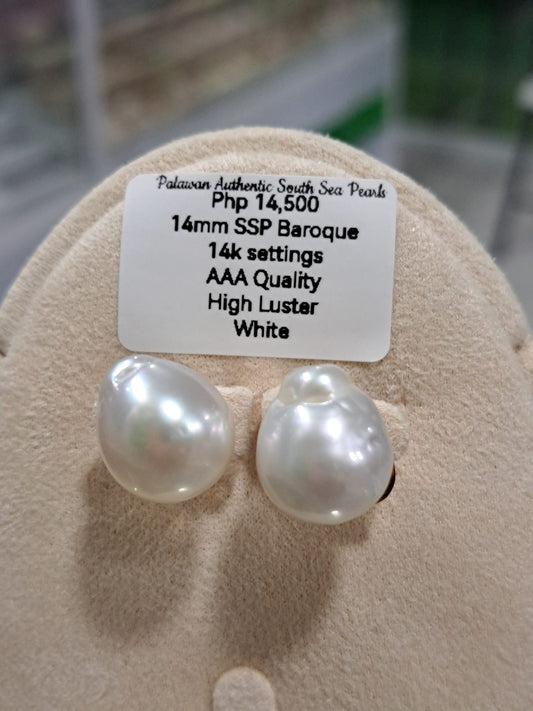 14mm White South Sea Pearls Earrings in 14k Gold