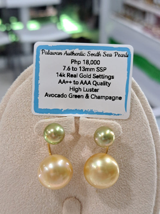 13mm Avocado Green & Champagne South Sea Pearls Earrings in 14K Gold