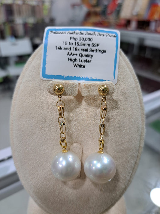 15.5mm White South Sea Pearls Earrings in 14K Gold