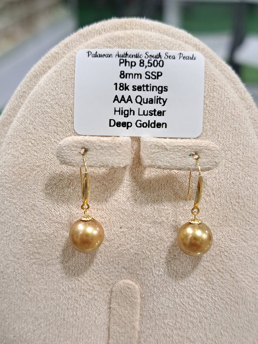 8mm Deep Golden South Sea Pearls Earrings in 18K Gold