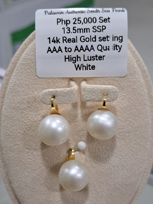 13.5mm White Color Authentic South Sea Pearls Set in 14K Gold
