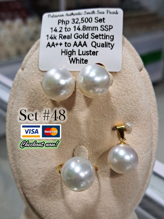 14.2mm to 14.8mm Authentic White South Sea Pearls White Set in 14K Gold