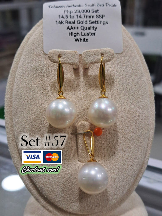 14.5mm to 14.7mm Authentic White South Sea Pearls Set in 14K Gold