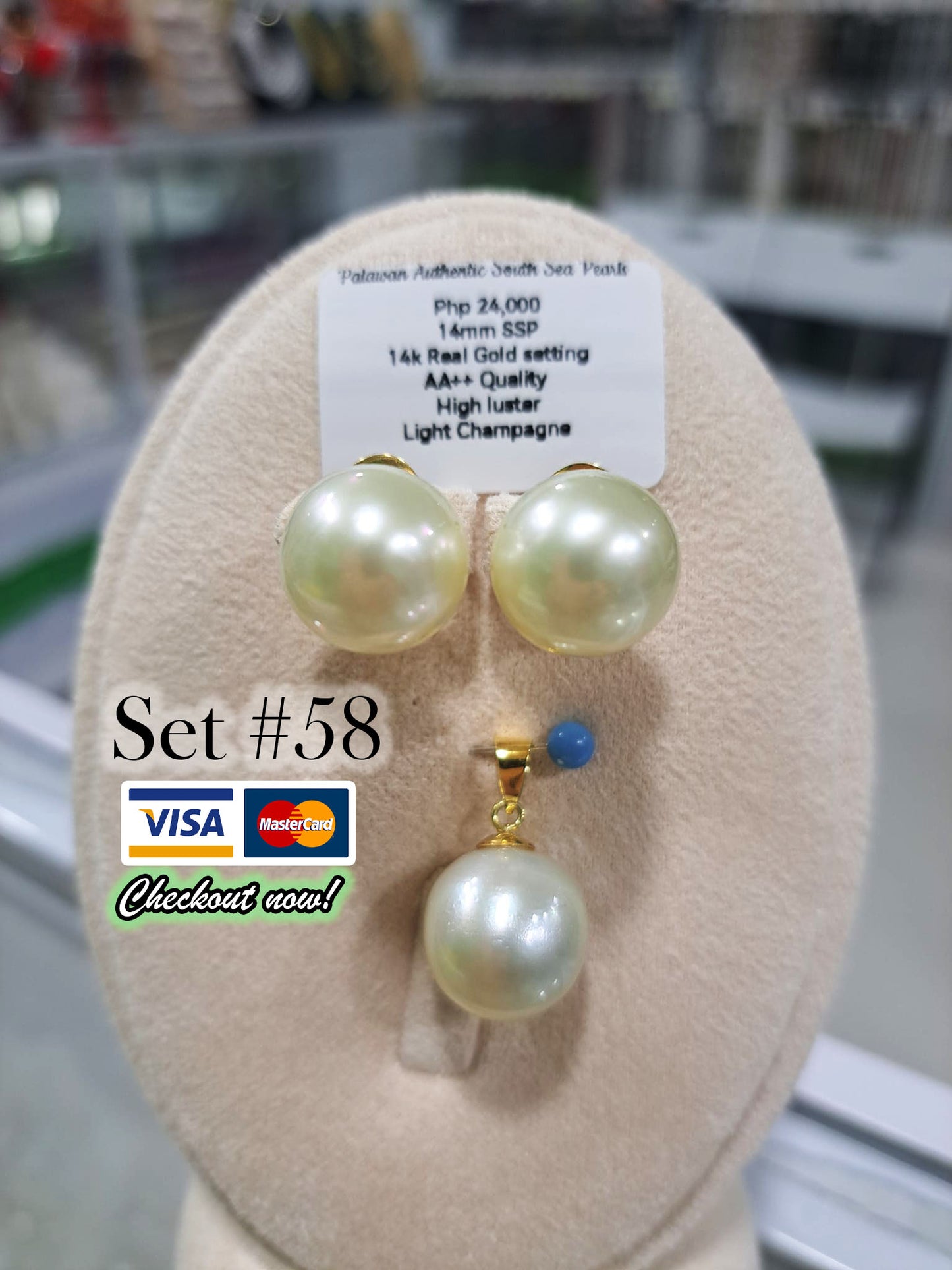 13mm to 14mm Authentic South Sea Pearls Light Champagne Set in 14K Gold