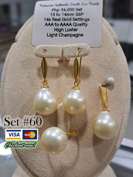 13mm to 14mm Authentic South Sea Pearls Light Champagne Set in 14K Gold