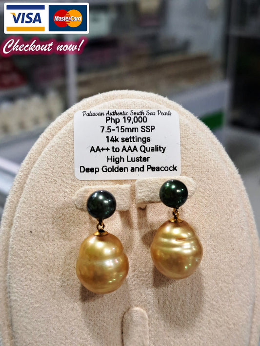 7.5mm to 15mm Authentic Deep Golden & Peacock Color South Sea Pearls Earrings