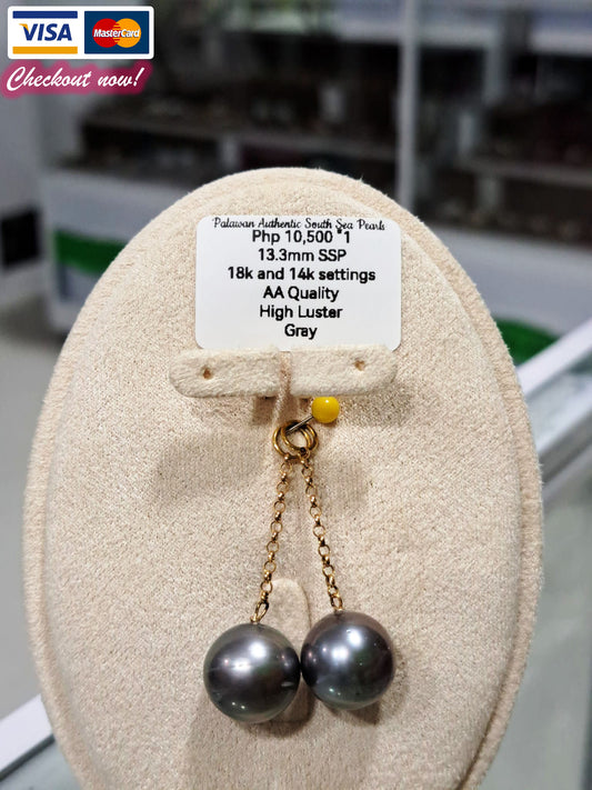 13.3mm Gray South Sea Pearls Earrings in 18K and 14K Gold