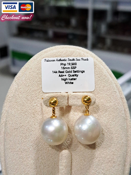 15mm White South Sea Pearls Earrings in 14K Gold