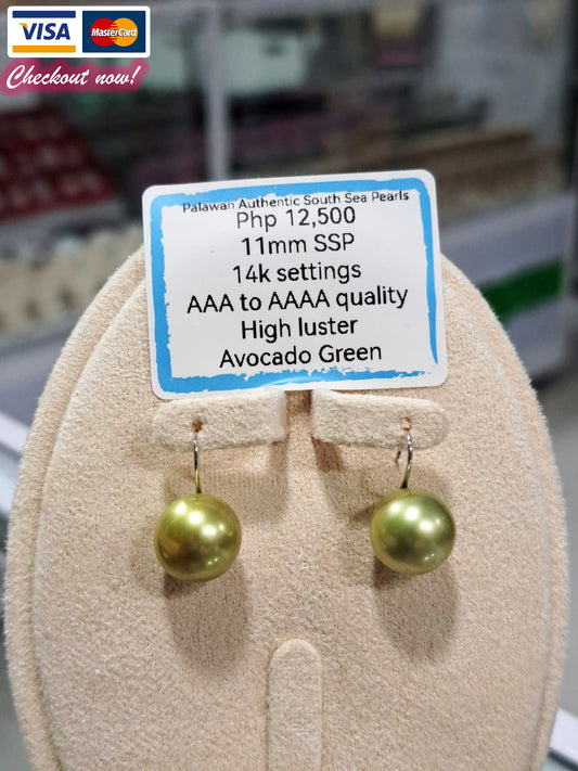 11mm Avocado Green South Sea Pearls Earrings in 14K Gold