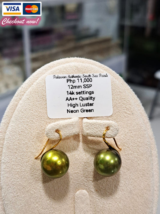 12mm Neon Green South Sea Pearls Earrings in 14K Gold