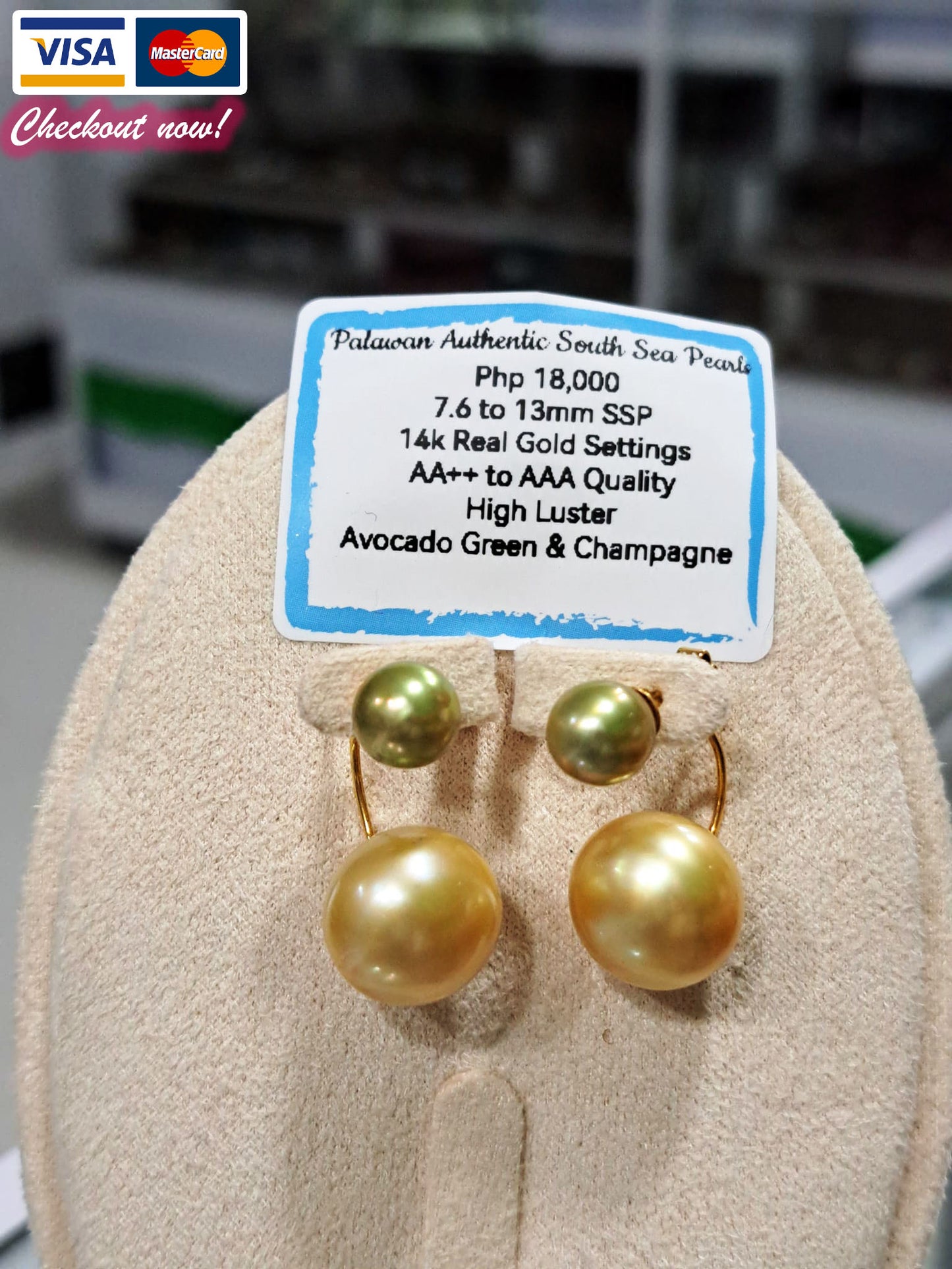 13mm Avocado Green & Champagne South Sea Pearls Earrings in 14K Gold