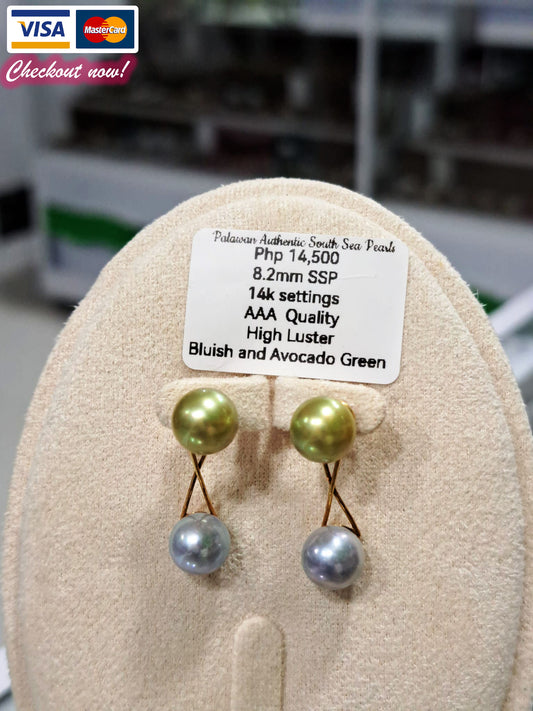 8.2mm Avocado Green South Sea Pearls Earrings mount in 14K Gold