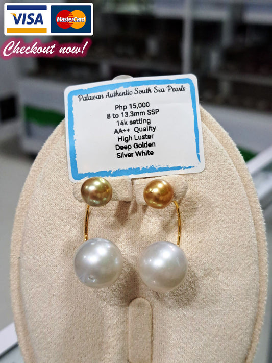 8mm to 13.3mm Authentic Silver White & Deep Golden South Sea Pearls Earrings