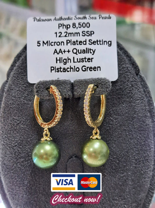 12.2mm Pistachio Green South Sea Pearls in Plated Settings