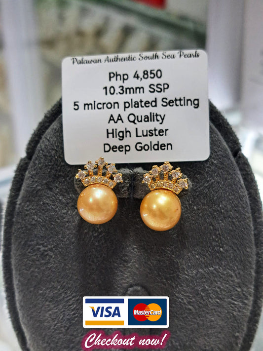 10.3mm Deep Golden South Sea Pearls in Plated Settings