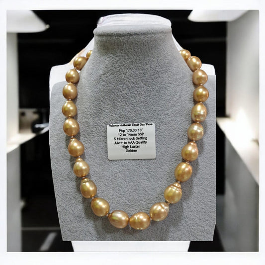 12mm to 14mm Authentic South Sea Pearls Golden Color Choker Necklace in 5 Microns Lock Settings