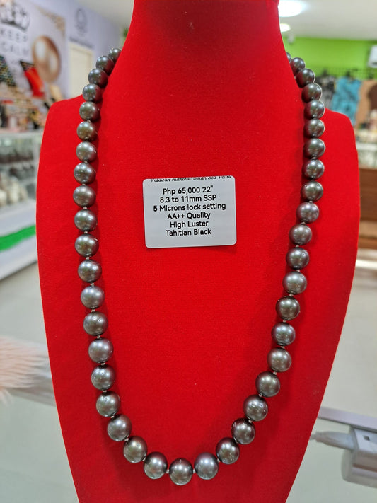 8.3mm to 11mm Authentic South Sea Pearls Tahitian Black Choker Necklace in 5 Microns Settings