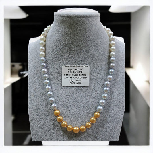8mm to 9mm Authentic Multi-Color South Sea Pearls Choker Necklace in 5 Microns Settings