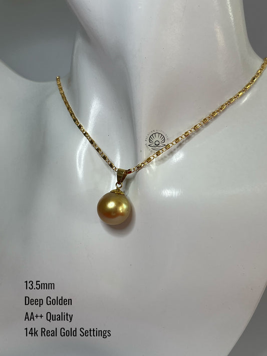 13.5mm Palawan Authentic Deep Golden Color South Sea Pearl Pendant in 14k Real Gold Settings