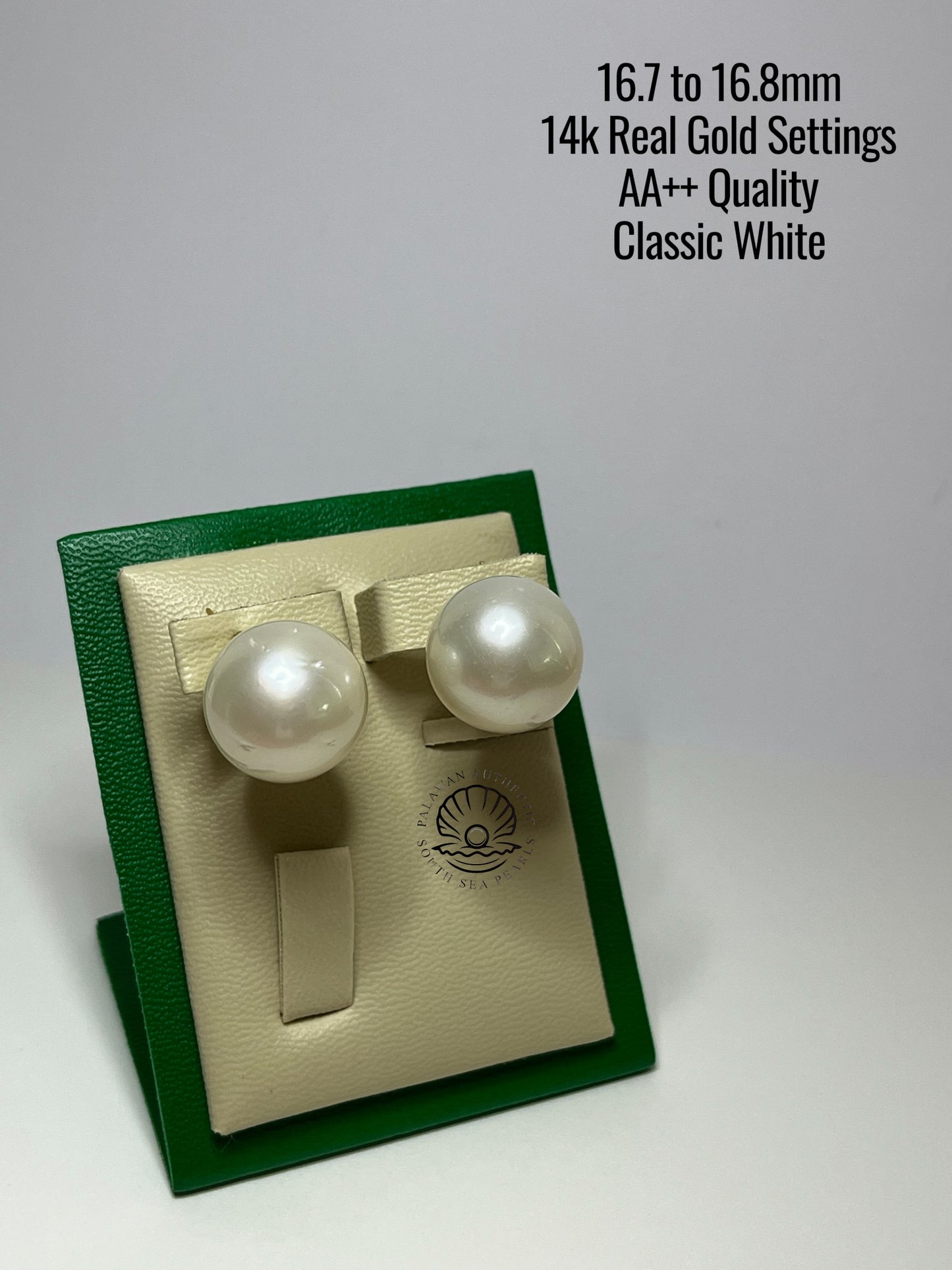 16.7 to 16.8mm Palawan Authentic Pinkish White Color South Sea Pearl Earrings in 14k Real Gold Settings
