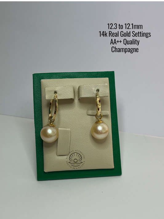 12.3 to 12.1mm Palawan Authentic Champagne Color South Sea Pearl in 14k and 18kReal Gold Settings