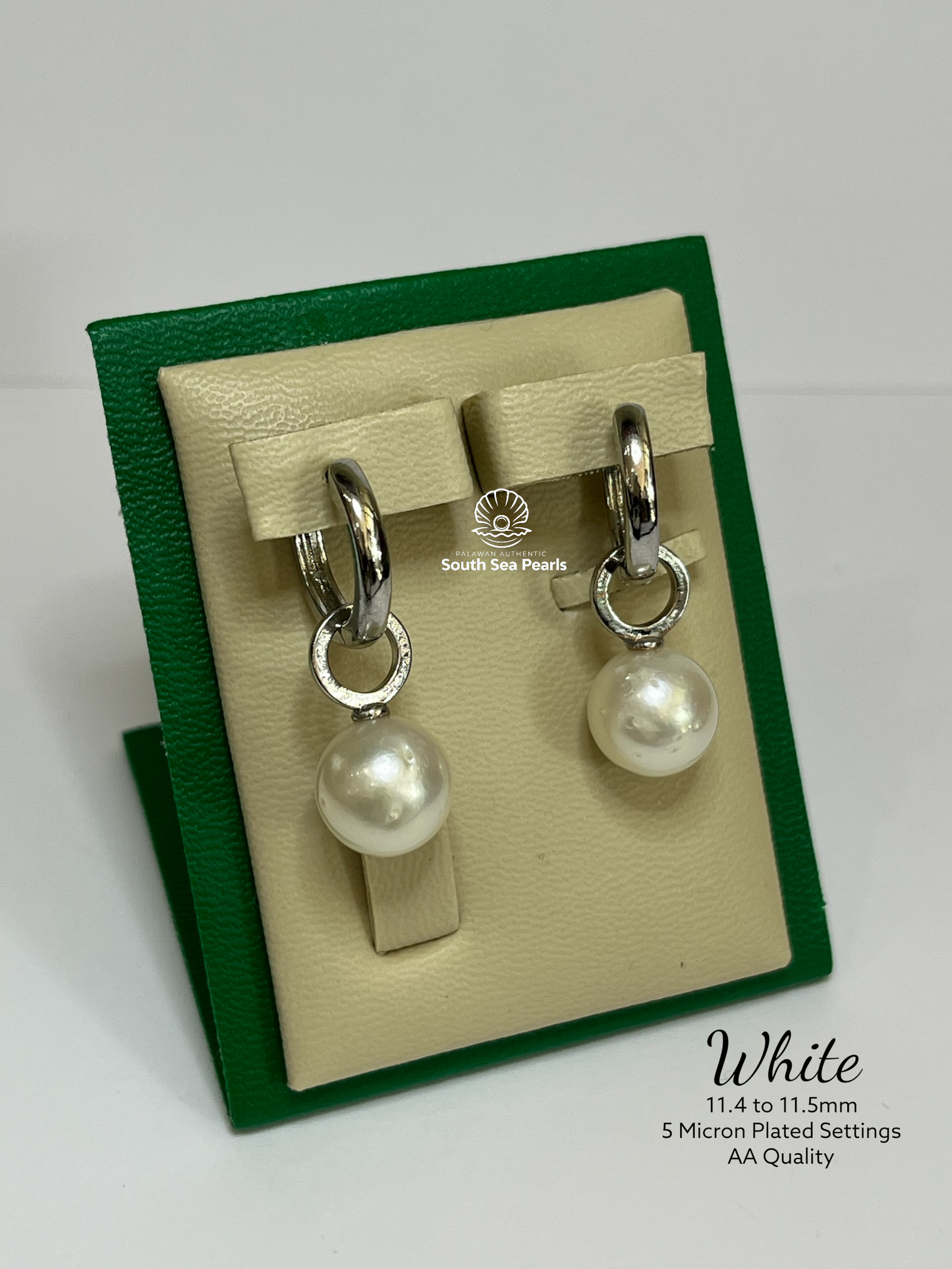 11.4 to 11.5mm Palawan Authentic White South Sea Pearl Earrings in 5 Micron Plated Settings