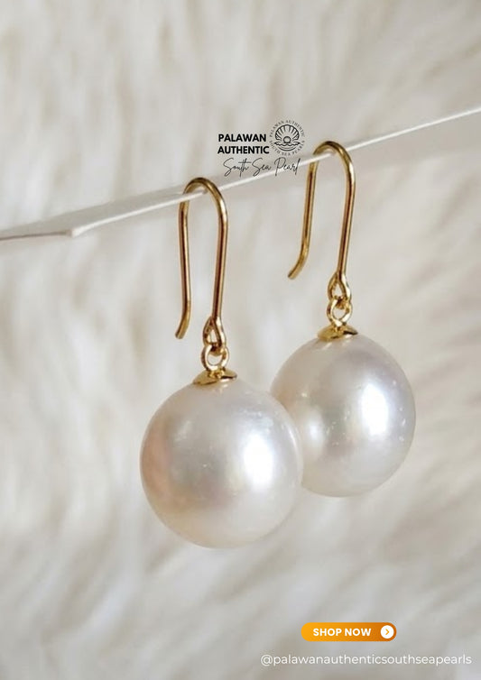 15mm Palawan Authentic White Color South Sea Pearl Earrings in 14k Real Gold Settings