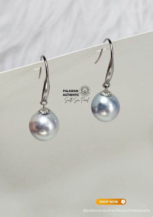 7.8 to 8.1mm Palawan Authentic Silver Bluish Color South Sea Pearl Earrings in 18k Real Gold Settings