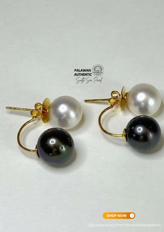 9mm to 9.7mm Palawan Authentic White & Tahitian Black Color South Sea Pearl Earrings in 14k Real Gold Settings