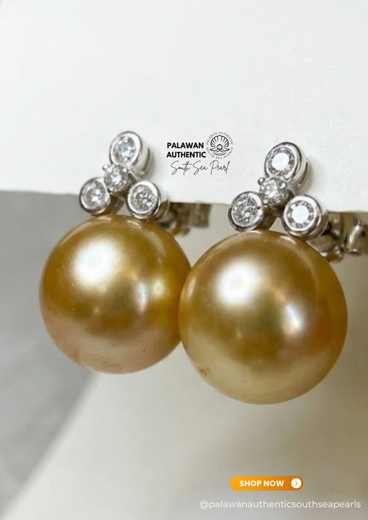 14mm Palawan Authentic Champagne Color South Sea Pearl in 14k Real Gold and Diamonds