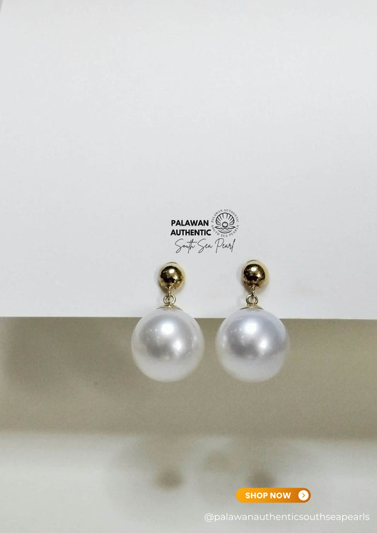 12.8mm to 13mm Palawan Authentic Silver White Color South Sea Pearl Earrings in 14k Real Gold Settings