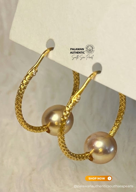 8.8mm to 9mm Palawan Authentic Deep Golden Color South Sea Pearl Earrings in 18k Real Gold Settings