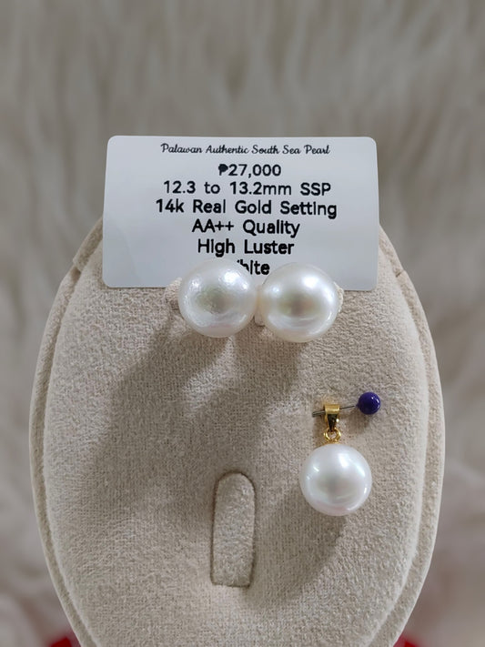 New Arrival! 12.3mm to 13.2mm Authentic White South Sea Pearls Set in 14K Gold Settings